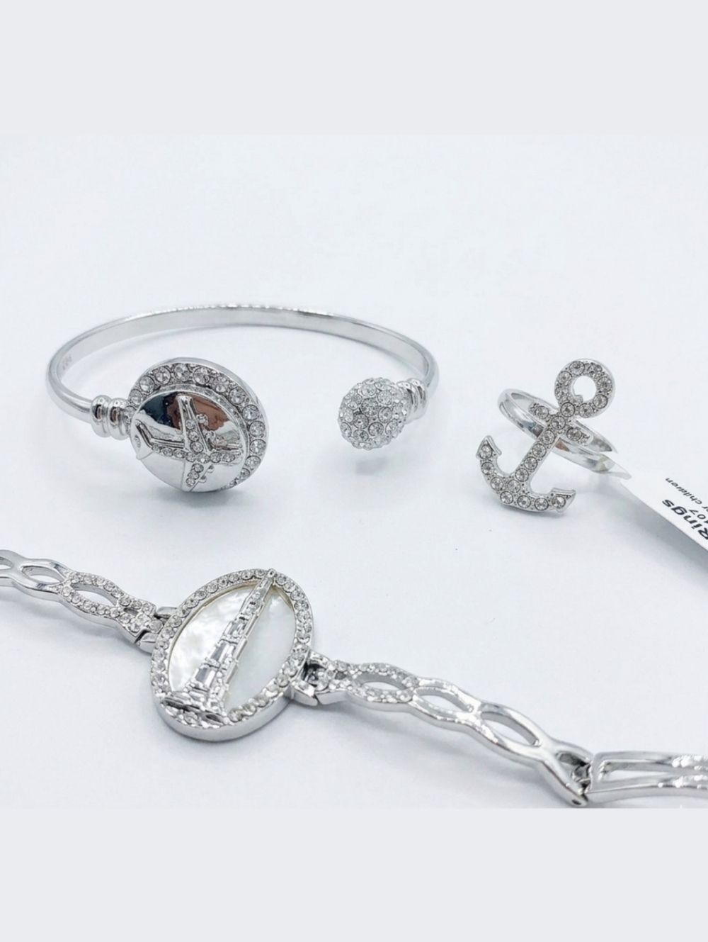 3Pc Set Of Travel Themed Jewelry Silver Plated CZ Rhinestone Bracelet Ring